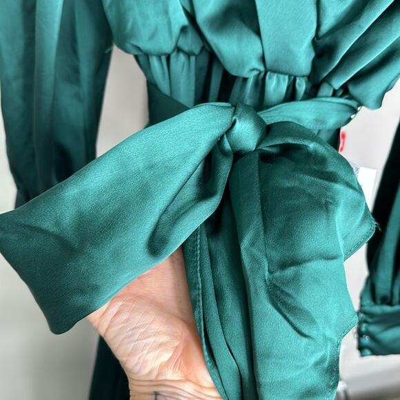 NWT MAC DUGGAL 49146 Deep Green Bishop Sleeve Faux Wrap Maxi Gown Women’s - Picture 8 of 13